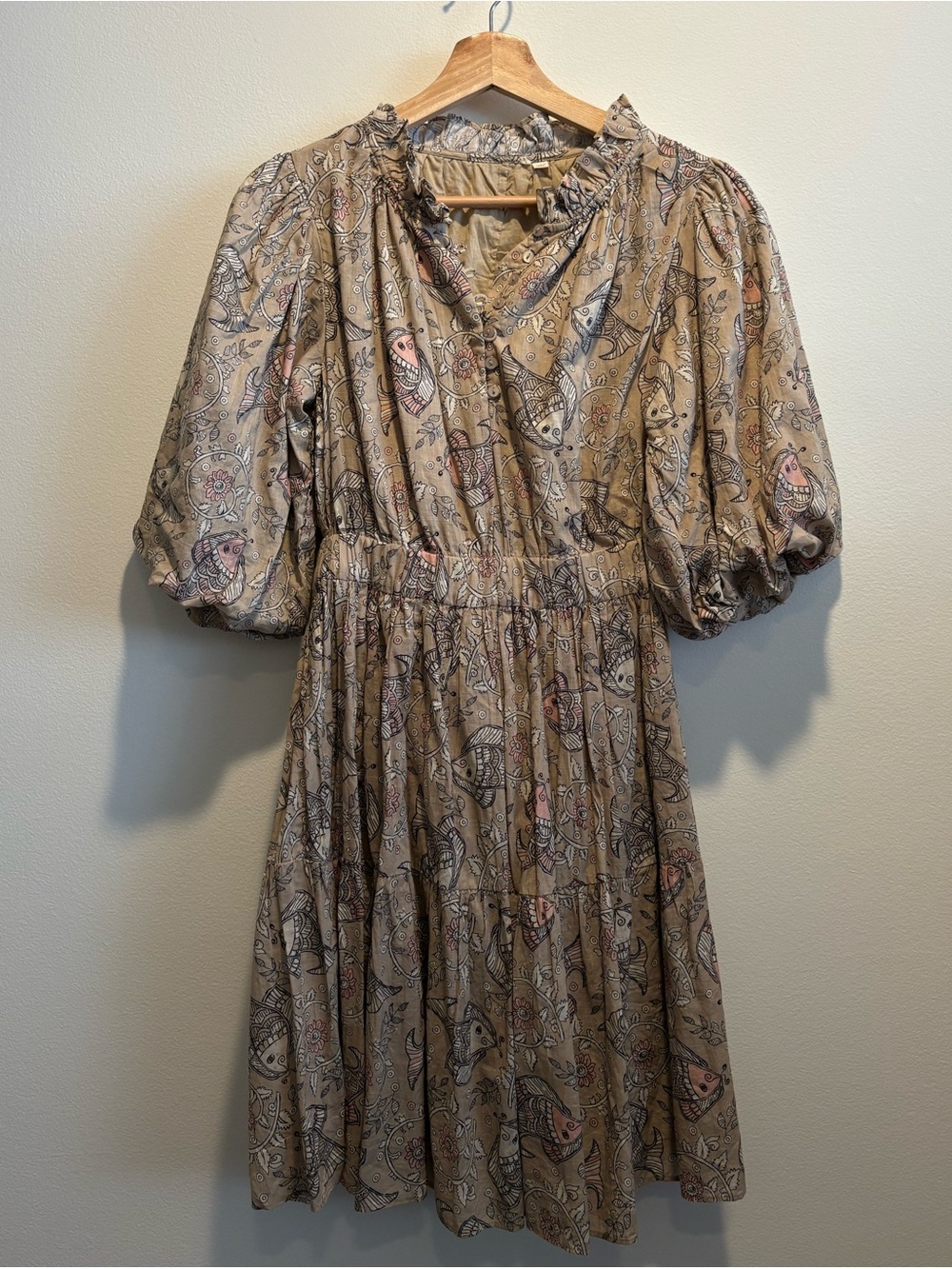 Anthropologie || Let Me Be Celeste Mini Dress Block Print Fish Cream XS - Picture 2 of 11